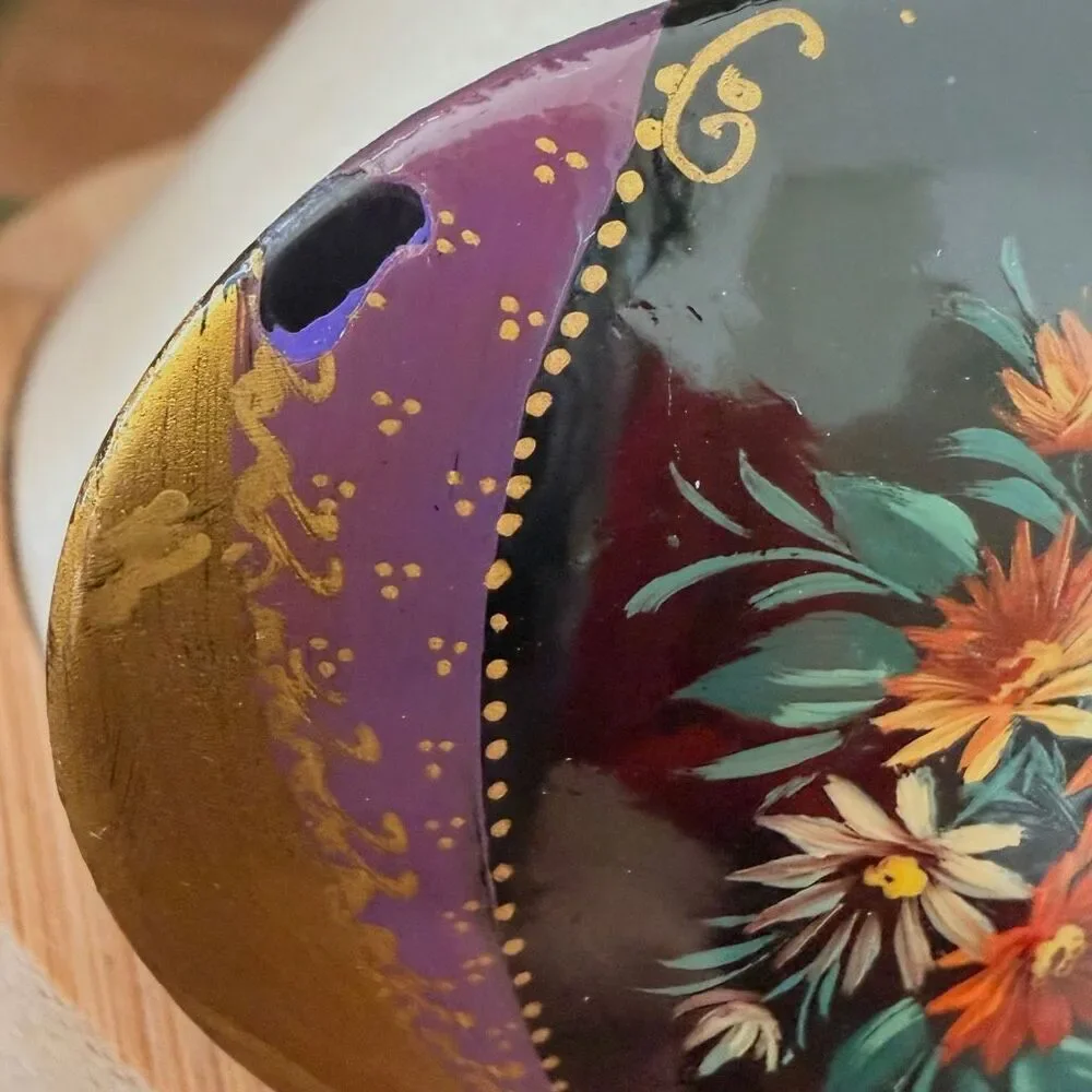 Hand Painted Russian Lacquer Style Floral Brooch